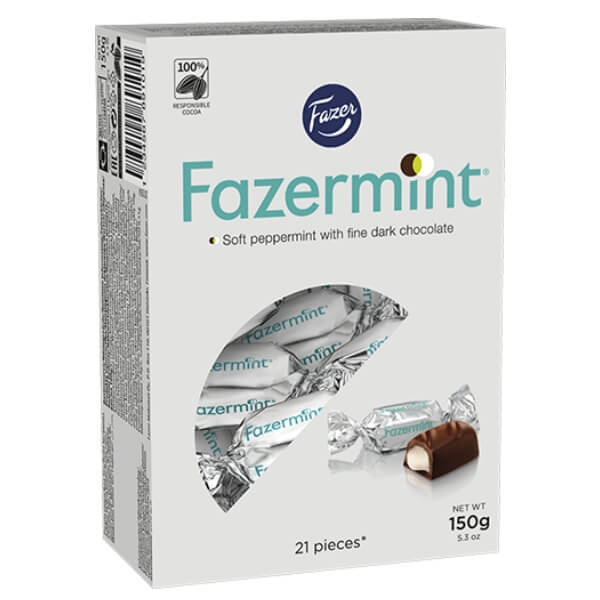 Fazer Fazermint 21 Schokoladenpralinen mit Pfefferminzfüllung in der 150g Verpackung