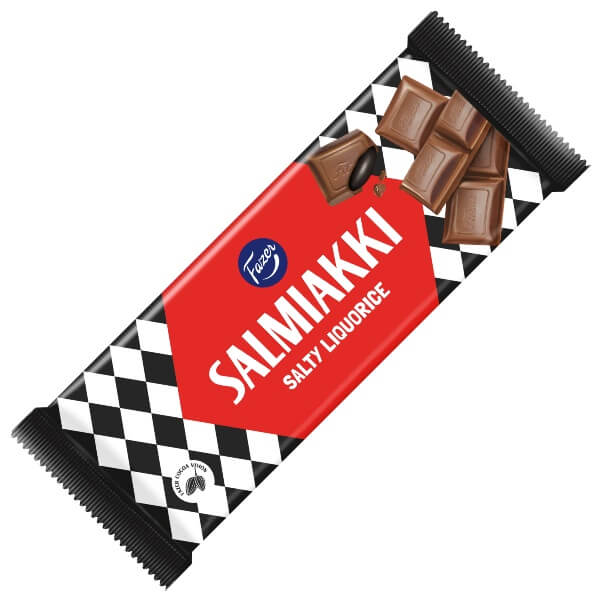 Fazer Salmiakki Schokoladentafel mit Lakritzfüllung in der 100g Verpackung