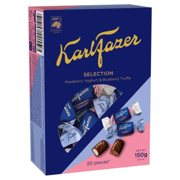 Karl Fazer Selection 20 Himbeer Yoghurt & Blaubeer Trüffel Pralinen in der 150g Verpackung