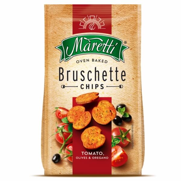 Maretti Bruschette Brotchips Tomato, Olives & Oregano in der 150g Verpackung