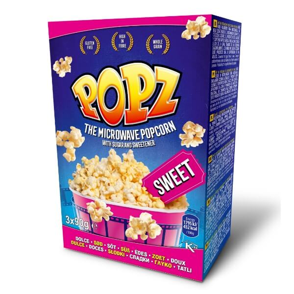 POPZ Mikrowellen Popcorn Süß 3 Portionen in der 270g Verpackung