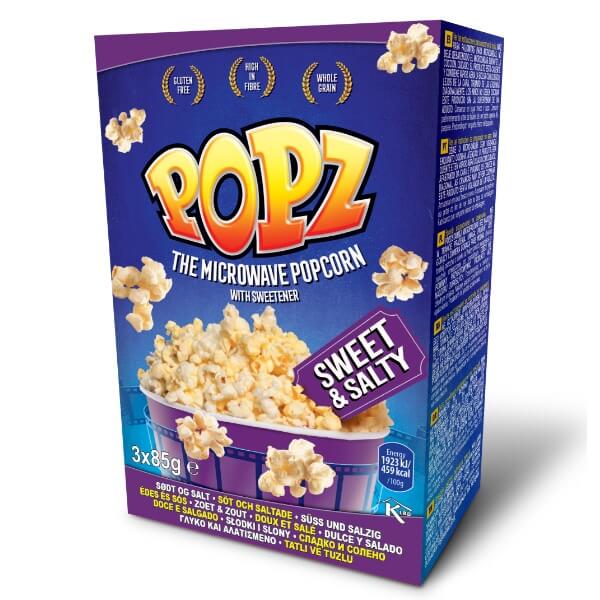 POPZ Mikrowellen Popcorn Süß & Salzig 3 Portionen in der 255g Verpackung