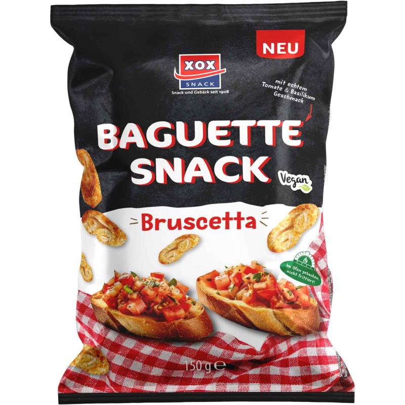 Knuspriger XOX Baguette Snack Bruscetta 150g in authentischer Baguette-Form mit Tomate und Basilikum