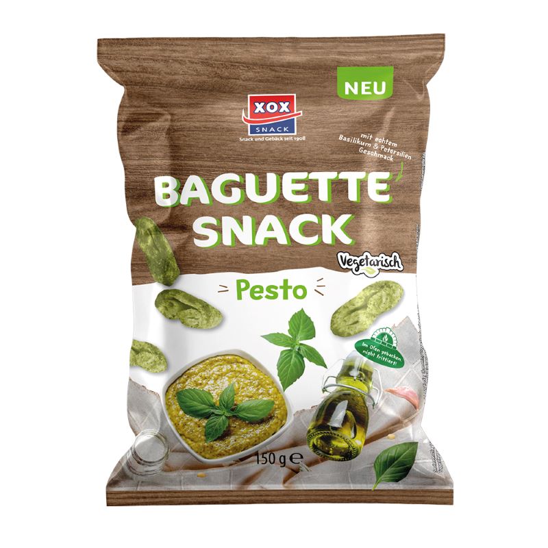 XOX Baguette Snack Pesto 150g Packung mit Basilikum und Petersilie, symbolisiert authentischen mediterranen Geschmack.