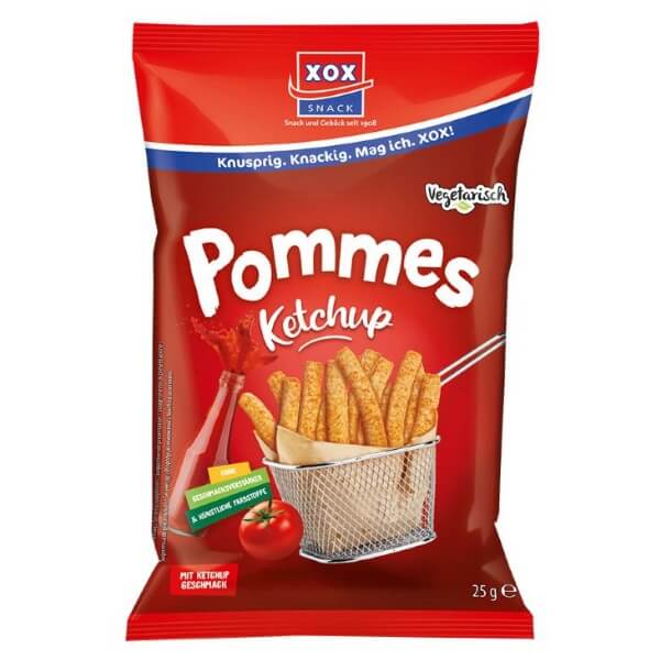 XOX Pommes Snack Ketchup in der 25g Verpackung