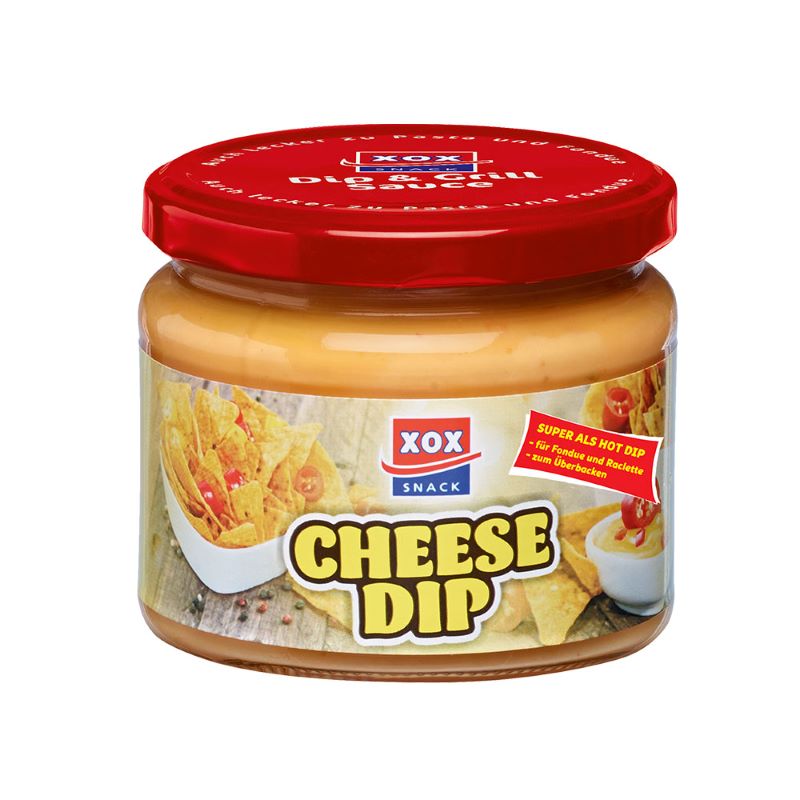 Glas XOX Dip Cheese 290ml – Cremig-würziger Käse-Dip mit Jalapenos, ideal für Partysnacks, Tacos und Nachos. Perfekt für warme und vielseitige Genussmomente.